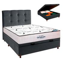 Cama Box Bau Cinza+Colchão Casal High Foam Ortobom+Cabeceira