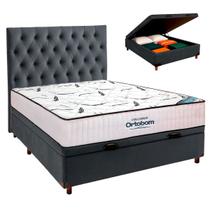 Cama Box Bau Cinza+Colchão Casal High Foam Ortobom+Cabeceira