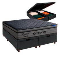 Cama Box Bau Cinza + Colchão King Confort Black Espuma Soft Gel Ortobom