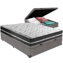 Cama Box Baú Cinza e Colchão Classic Preto Molas ensacadas Casal Anjos