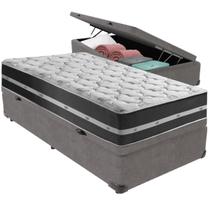 Cama Box Baú Cinza e Colchão Classic Preto Molas ensacadas Solteiro Anjos