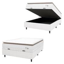 Cama Box Baú Colchão Casal Molas Ensacadas City Pillow Top 138x188x64cm Linho Branco / Bege Hellen Branco/bg