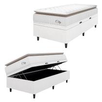 Cama Box Baú Colchão Solteiro Molas Ensacadas City Pillow Top 88x188x64cm Linho Branco / Bege Hellen - Suporta até 110kg por Pessoa