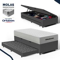 Cama Box Baú com Colchão de Molas Ensacadas Ortobom One Face Plenno Superpocket + Auxiliar de Espuma Solteiro 88cm Cama Box Baú com Colchão de Molas Ensacadas Ortobom One Face Plenno Superpocket + Auxiliar de Espuma Solteiro 88cm