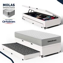 Cama Box Baú com Colchão de Molas Ensacadas Ortobom One Face Plenno Superpocket + Auxiliar de Espuma Solteiro 88cm Cama Box Baú com Colchão de Molas Ensacadas Ortobom One Face Plenno Superpocket + Auxiliar de Espuma Solteiro 88cm