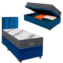 Cama Box Bau Com Colchão Solteiro Airtech 100 Ortobom + Cabeceira Azul Cama Box Bau Com Colchão Solteiro Airtech 100 Ortobom + Cabeceira Azul