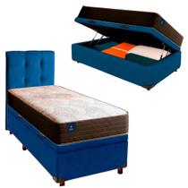 Cama Box Bau Com Colchão Solteiro Celebration Euro Flex Colchões + Cabeceira Azul Cama Box Bau Com Colchão Solteiro Celebration Euro Flex Colchões + Cabeceira Azul