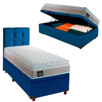 Cama Box Bau Com Colchão Solteiro Real Hellen + Cabeceira Azul