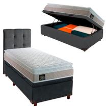 Cama Box Bau Com Colchão Solteiro Real Hellen + Cabeceira Cinza