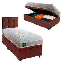 Cama Box Bau Com Colchão Solteiro Real Hellen + Cabeceira Marrom Cama Box Bau Com Colchão Solteiro Real Hellen + Cabeceira Marrom