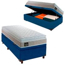 Cama Box Bau e Colchão Solteiro Espuma Real Hellen Azul