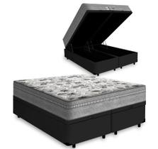 Cama Box Baú King 193 Bipartido Tecido Sintético Preto Com Colchão de Molas Ensacadas Evolution - Probel - 72x193x203