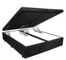Cama Box Baú King Convencional Suede Preto Bipartido Com Pistão A Gás - 193x203x41