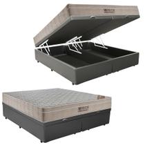 Cama Box Baú King Sintético Bipartido + Colchão Ortobom Airtech Molas Ensacadas 193x203x65 Cinza