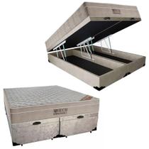 Cama Box Baú King Suede Bipartido + Colchão Ortobom Airtech Molas Ensacadas 65x193x203 Cor:bege