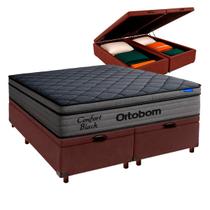 Cama Box Bau Marrom + Colchão King Confort Black Espuma Soft Gel Ortobom