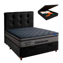 Cama Box Bau Preto + Cabeceira + Colchão Casal Confort Black Ortobom