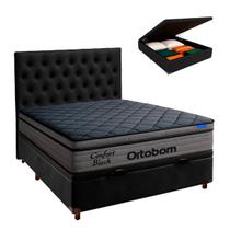 Cama Box Bau Preto + Cabeceira + Colchão Casal Confort Black Ortobom