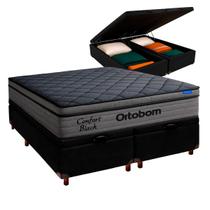 Cama Box Bau Preto + Colchão Casal Confort Black Espuma Soft Gel Ortobom