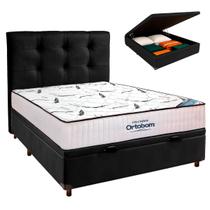 Cama Box Bau Preto+Colchão Casal High Foam Ortobom+Cabeceira