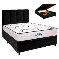 Cama Box Bau Preto+Colchão Casal High Foam Ortobom+Cabeceira