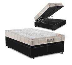 Cama Box Baú Queen 158 Bipartido Sintético Preto com Colchão Ortobom Airtech Spring Pocket D26 Bege 70x158x198