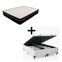 Cama Box Baú Queen 158 Bipartido - Tecido Sintético Branco com Colchão Paris - Molas Ensacadas Preto 67x158x198