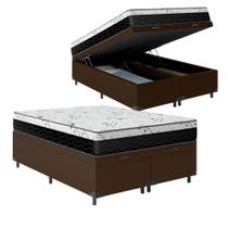 Cama Box Baú Queen 158 Tecido Sintético Marrom com Colchão Espuma D33 One Face Preto