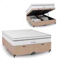 Cama Box Baú Queen Bege + Colchão Paris Molas Branco Cama Box Baú Queen Bege + Colchão Paris Molas Branco