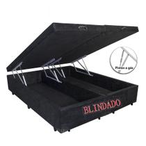 Cama Box Baú Queen Bipartido Blindado Suede Preto Com Pistão A Gás