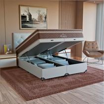 Cama Box Baú Queen Bipartido + Colchão Paris Molas Ensacadas Pocket - 66x158x198cm - Couro Branco - e-Shop Casa Cama Box Baú Queen Bipartido + Colchão Paris Molas Ensacadas Pocket - 66x158x198cm - Couro Branco - e-Shop Casa