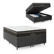 Cama Box Baú Queen Bipartido + Colchão Paris Molas Ensacadas Pocket - 66x158x198cm - Couro Preto - e-Shop Casa