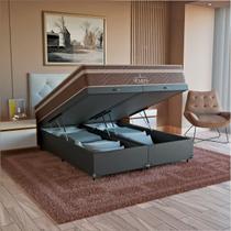 Cama Box Baú Queen Bipartido + Colchão Paris Molas Ensacadas Pocket - 66x158x198cm - Couro Preto - e-Shop Casa