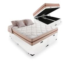 Cama Box Baú Queen Bipartido Tecido Sintético Branco com Colchão Pillow Angel - Bello Box - Molas Ensacadas 62x158x198
