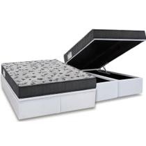 Cama Box Baú Queen: Colchão Espuma Ortobom D33 / EP ISO 100 Ultra Firme + Base CRC Courano White(158x198)