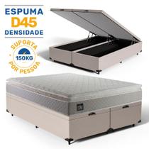 Cama Box Baú Queen + Colchão Strong D45 One Face Bege 158x198x66cm - Suporta até 150Kg Por Pessoa
