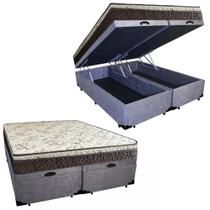 Cama Box Baú Queen Suede Bipartido + Colchão Elegance Ortopédico Espuma D33 Extra Firme 158x198x63 Cinza