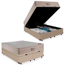 Cama Box Baú Queen Suede Bipartido + Colchão Ortobom Airtech Molas Ensacadas 65x158x198 Bege