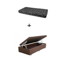 Cama Box Baú Solteiro 88 - Bello Box Tecido Sintético Marrom com Colchão New York Preto D28 - 100% Espuma - 54x88x188