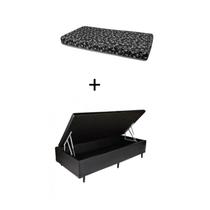 Cama Box Baú Solteiro 88 - Bello Box Tecido Sintético Preto com Colchão New York Preto D28 - 100% Espuma - 54x88x188