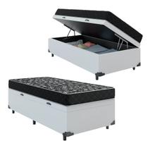 Cama Box Baú Solteiro 88 Sintético Branco com Colchão de Espuma D20 - Tampo Preto 12cm Cama Box Baú Solteiro 88 Sintético Branco com Colchão de Espuma D20 - Tampo Preto 12cm