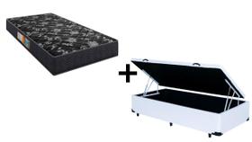 Cama Box Baú Solteiro 88 Tecido Sintético Branco com Colchão Florenza Espuma D28 Preto