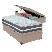 Cama Box Baú Solteiro Bege + Colchão Black Graphite 27 Molas Ensacadas Anjos