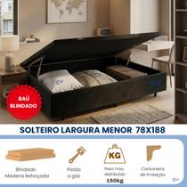 Cama Box Baú Solteiro Blindado 78x188x42 Suede Alta Resistência e Grande Espaço Interno Ideal para Quartos Pequenos