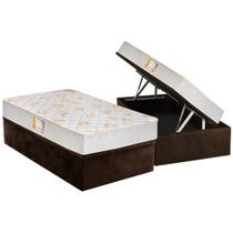 Cama Box Baú Solteiro: Colchão Espuma Castor D28 Sleep Max Duplo + Base CRC Suede Marrom(88x188)