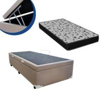Cama Box Baú Solteiro Colchão Espuma D33 Bordado + Box Suede Bege 56x88x188