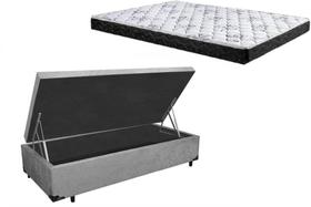 Cama Box Baú Solteiro Colchão Espuma D33 Bordado + Box Suede Cinza 59x88x188
