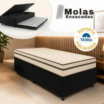 Cama Box Baú Solteiro Colchão Mola Ensacada Decor Box Colchão Comfort 88x188cm + Auxiliar Preto