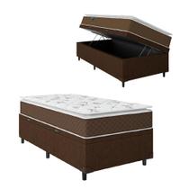 Cama Box Baú Solteiro Colchão Molas Ensacadas Pillow Top Martino 88x188x66cm Marrom/Branco Umaflex
