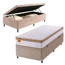 Cama Box Baú Solteiro Colchão Molas Ensacadas Real 88x188x68cm Branco / Bege - Suporta até 130Kg Cama Box Baú Solteiro Colchão Molas Ensacadas Real 88x188x68cm Branco / Bege - Suporta até 130Kg
